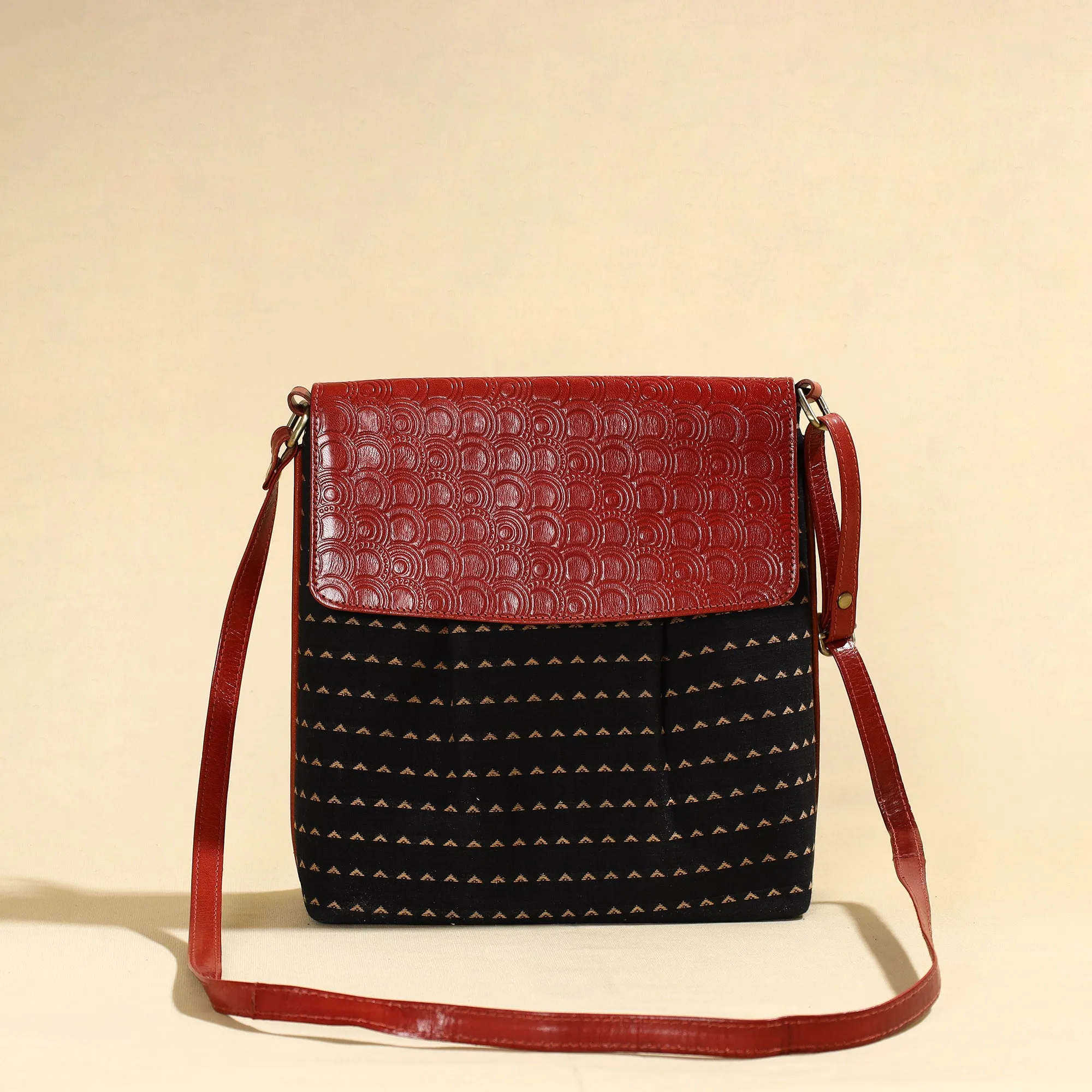 Black - Handcrafted Jacquard Fabric Sling Bag with Embossed Leather Flap