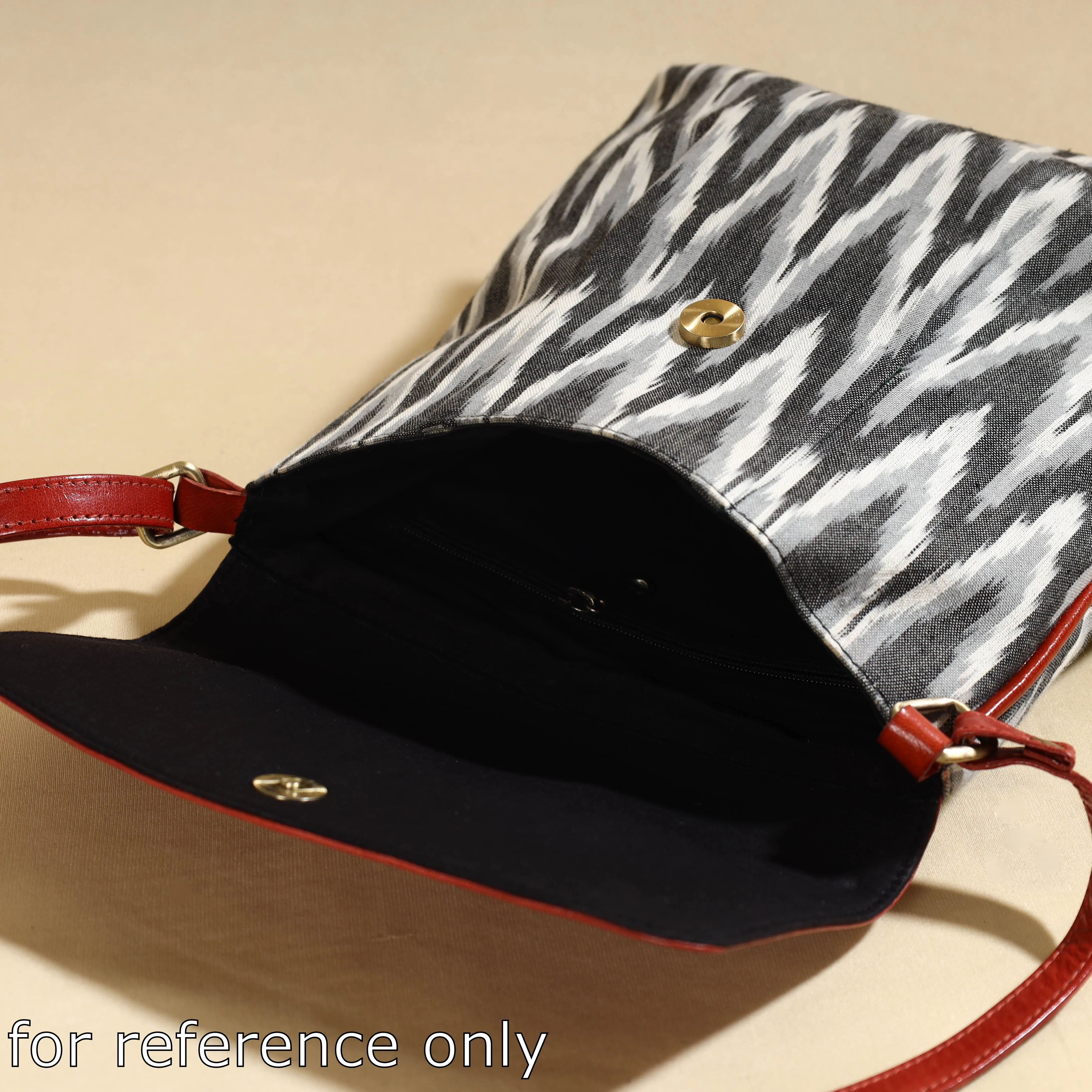 Black - Handcrafted Jacquard Fabric Sling Bag with Embossed Leather Flap