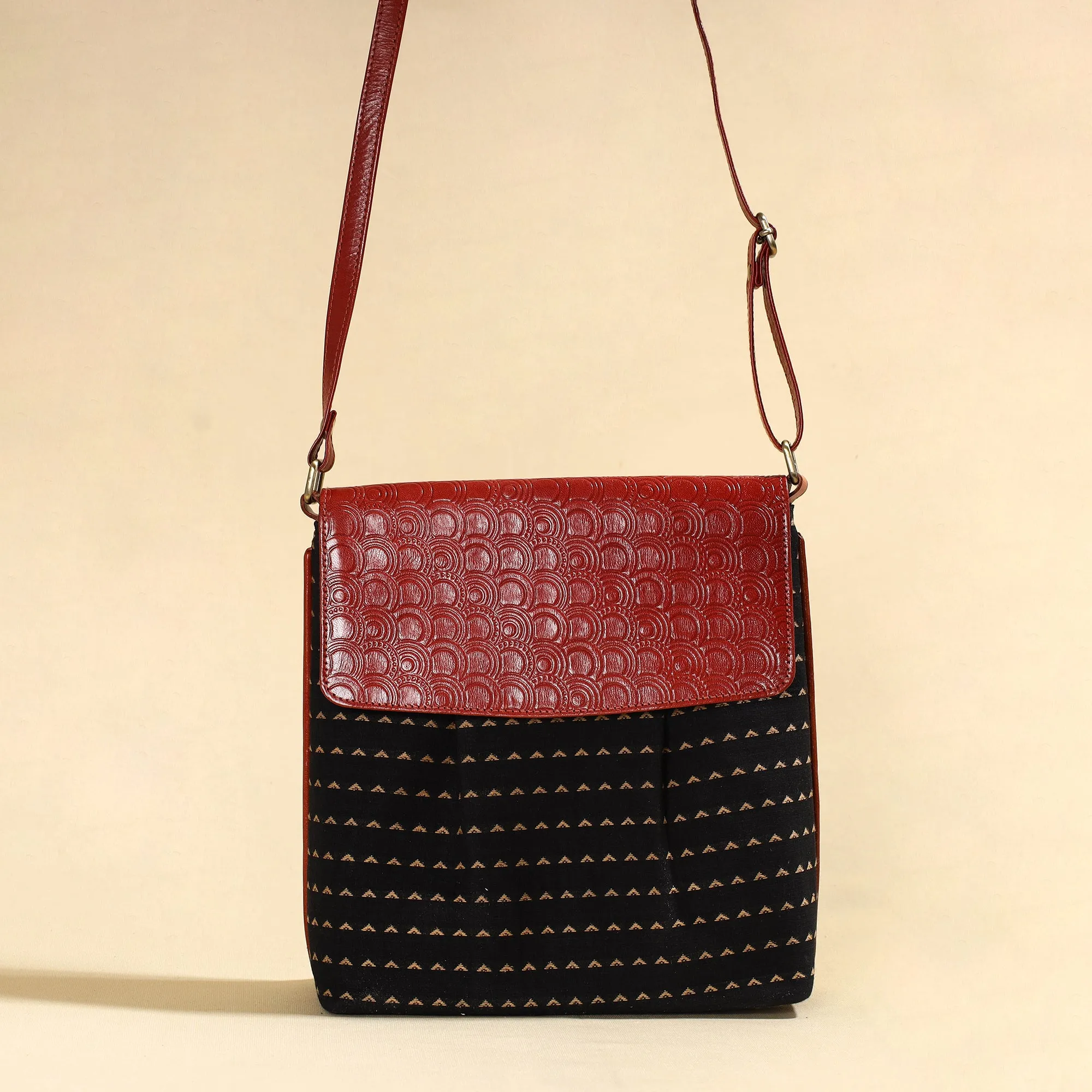 Black - Handcrafted Jacquard Fabric Sling Bag with Embossed Leather Flap