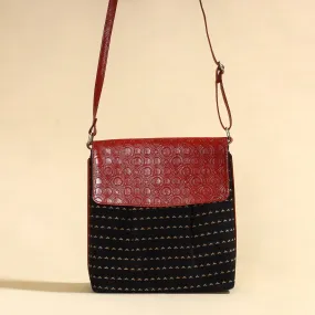 Black - Handcrafted Jacquard Fabric Sling Bag with Embossed Leather Flap