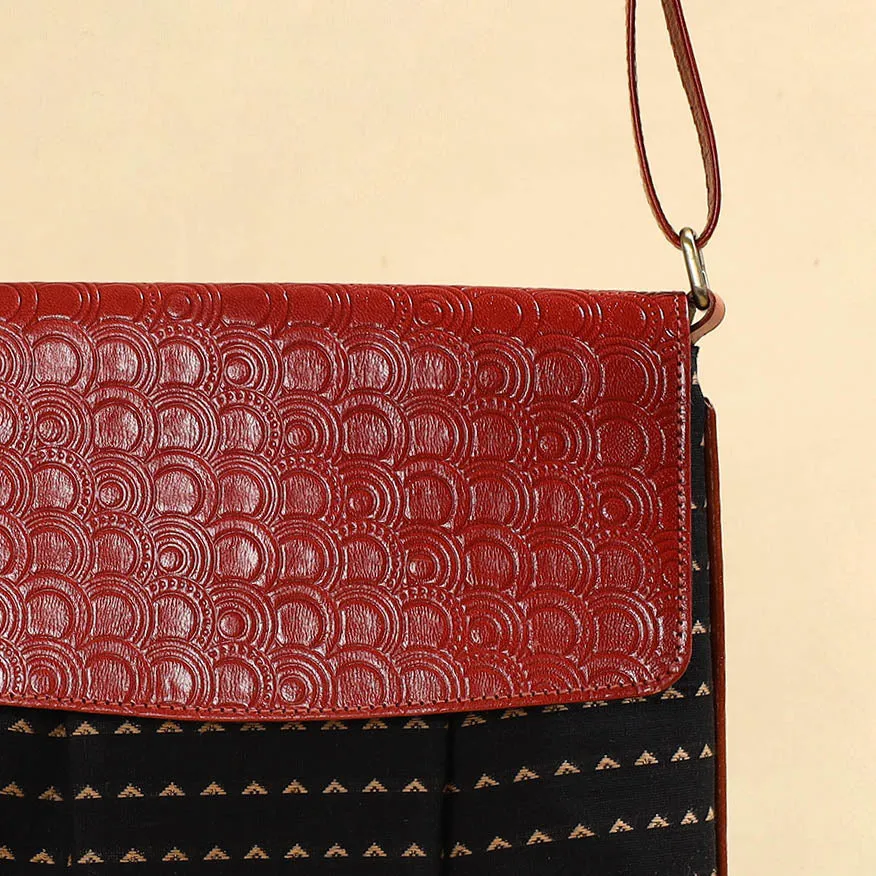 Black - Handcrafted Jacquard Fabric Sling Bag with Embossed Leather Flap