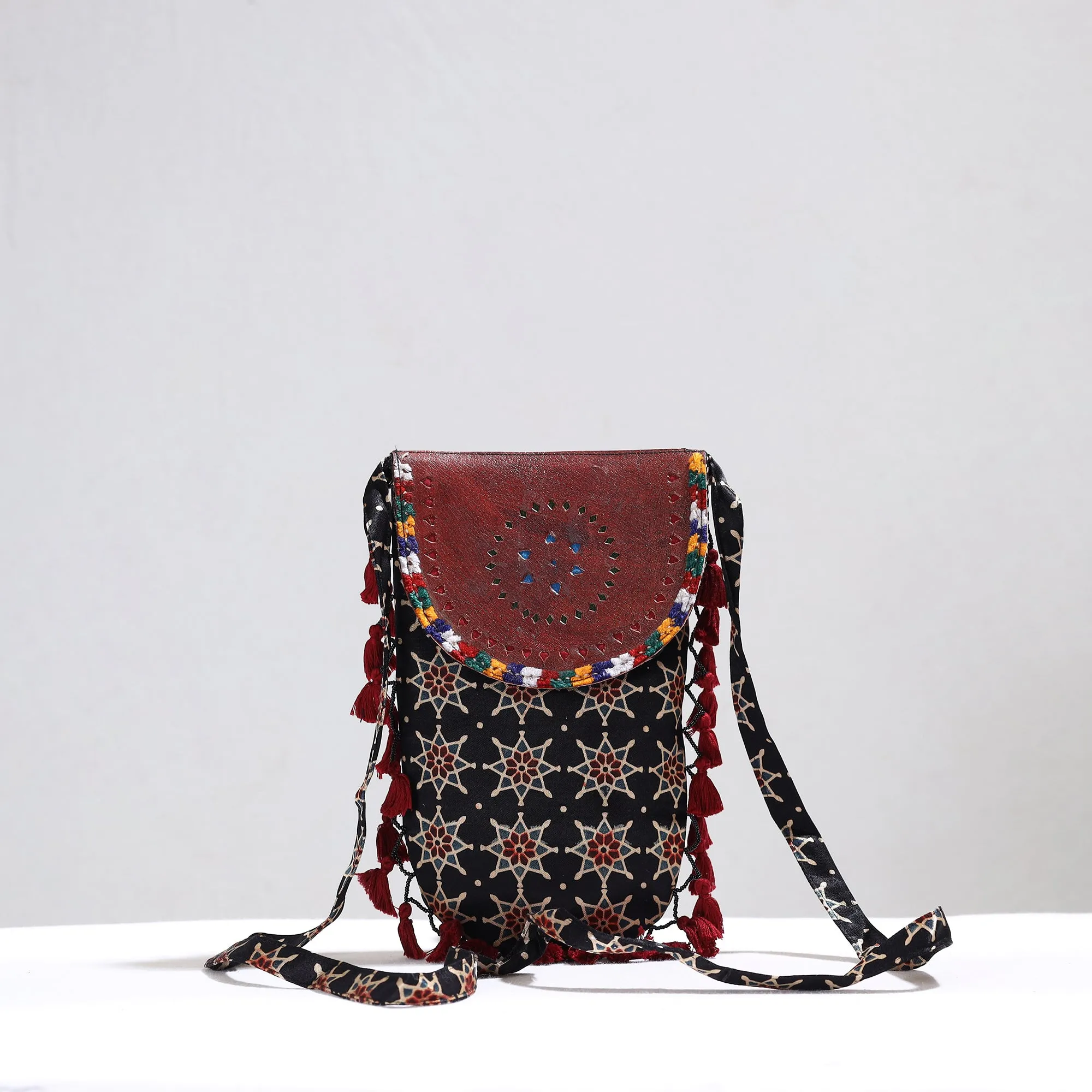Black - Kutch Leather & Mashru Silk Sling Bag with Tassels 24