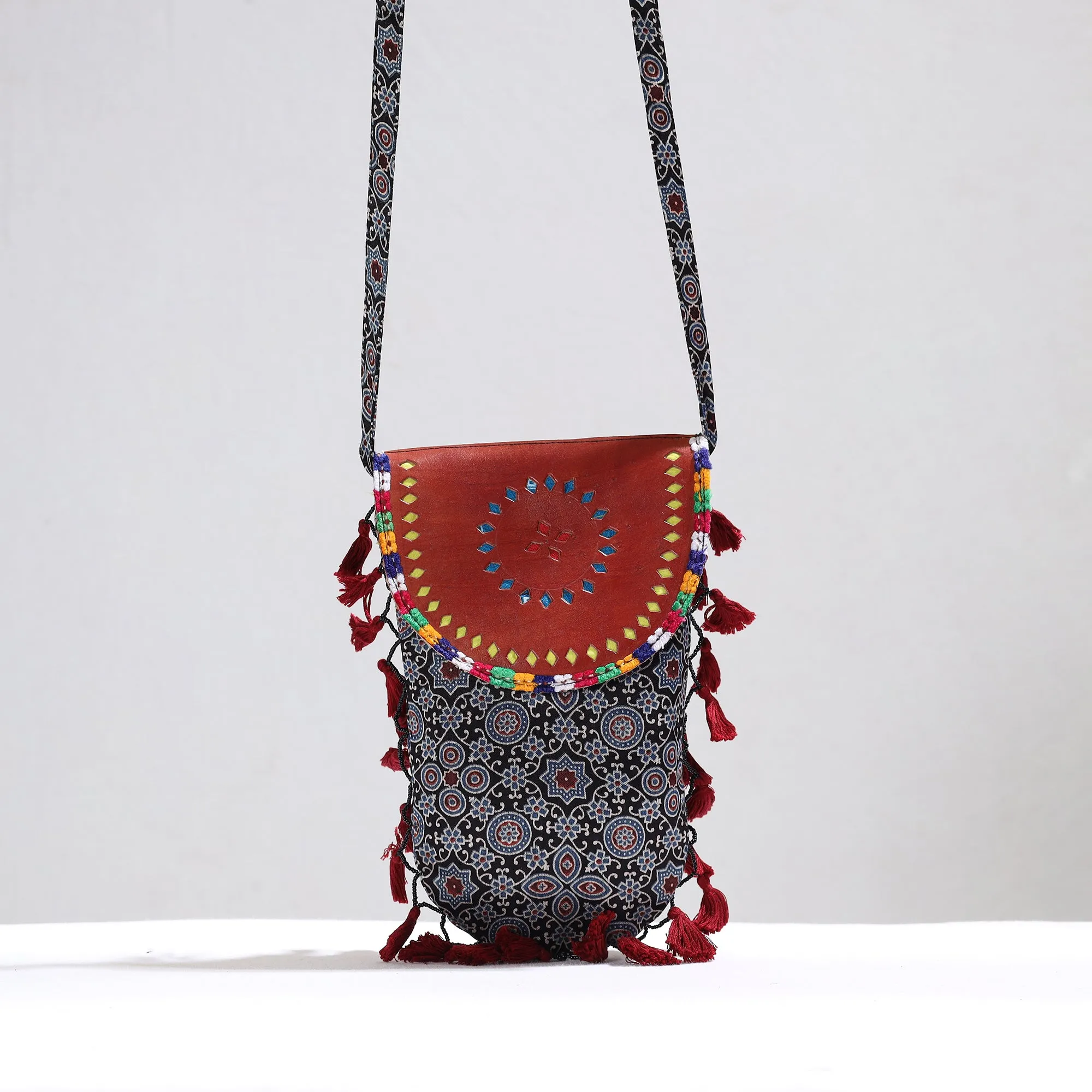 Black - Kutch Leather & Mashru Silk Sling Bag with Tassels 29