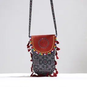 Black - Kutch Leather & Mashru Silk Sling Bag with Tassels 29