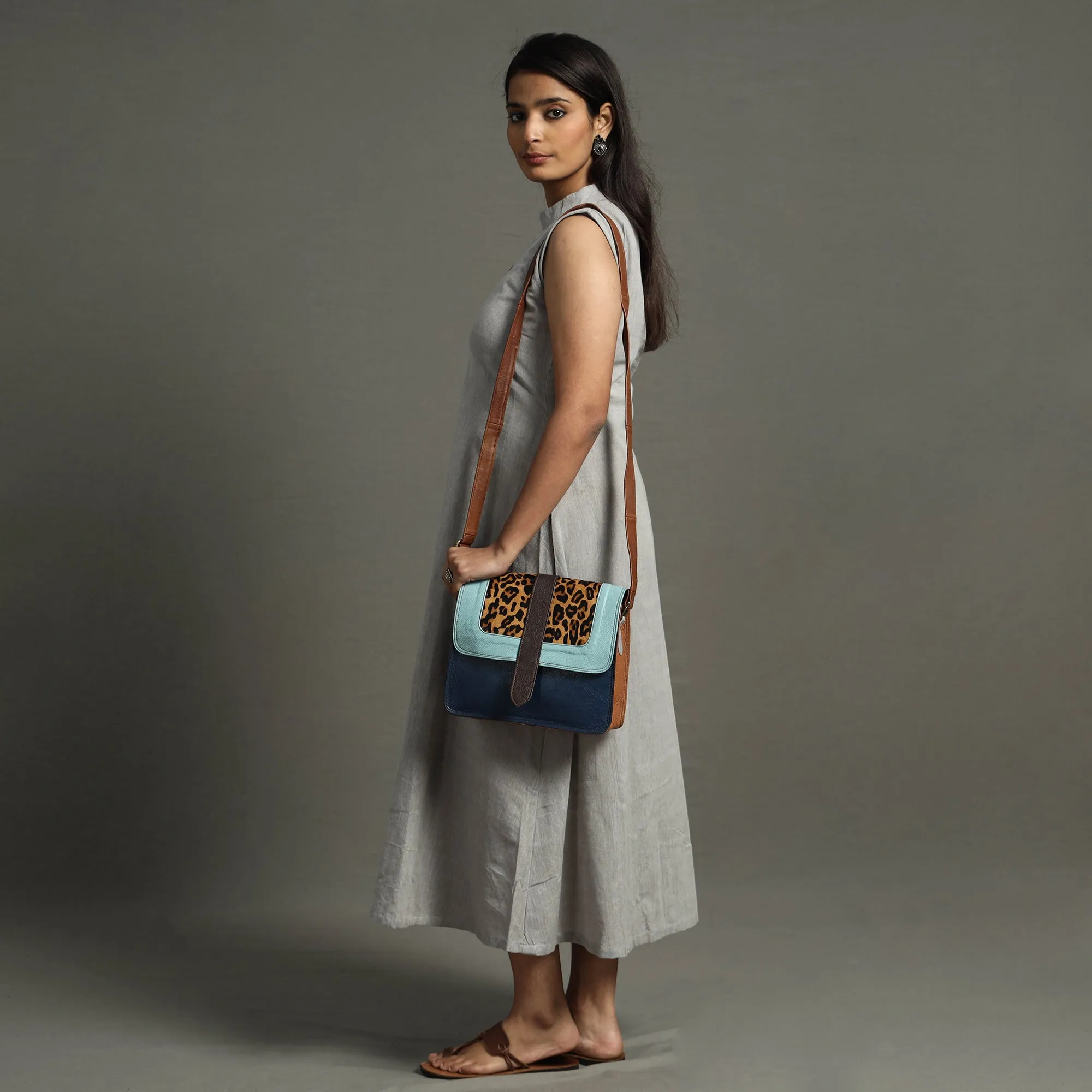 Blue - Handcrafted Fur Leather Sling Bag