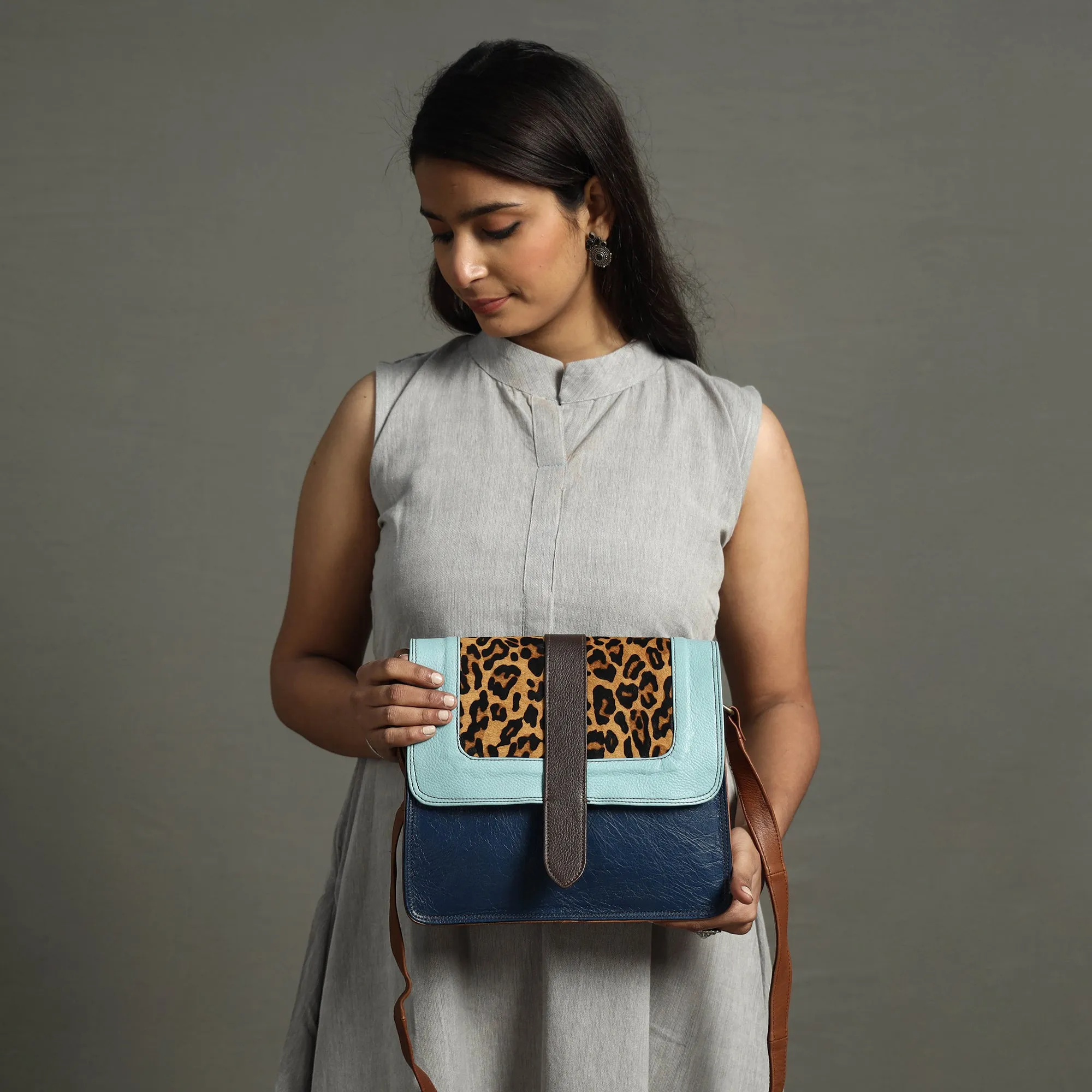 Blue - Handcrafted Fur Leather Sling Bag