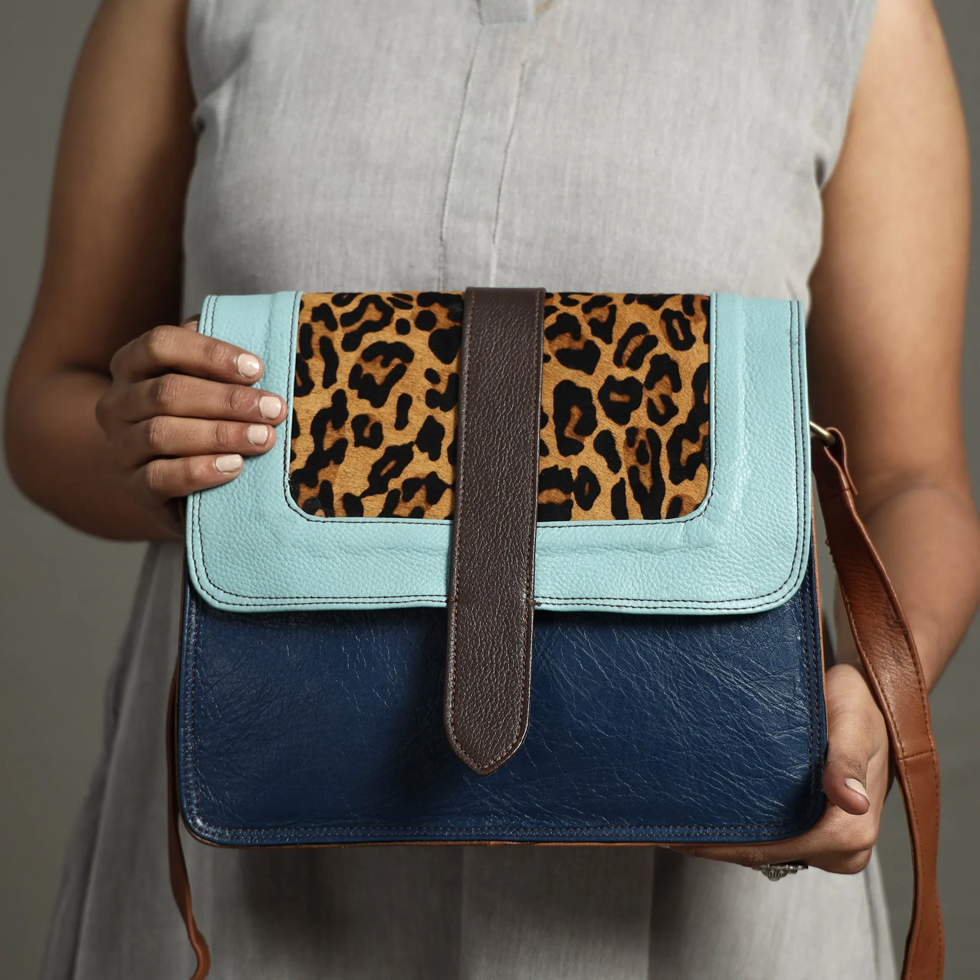 Blue - Handcrafted Fur Leather Sling Bag