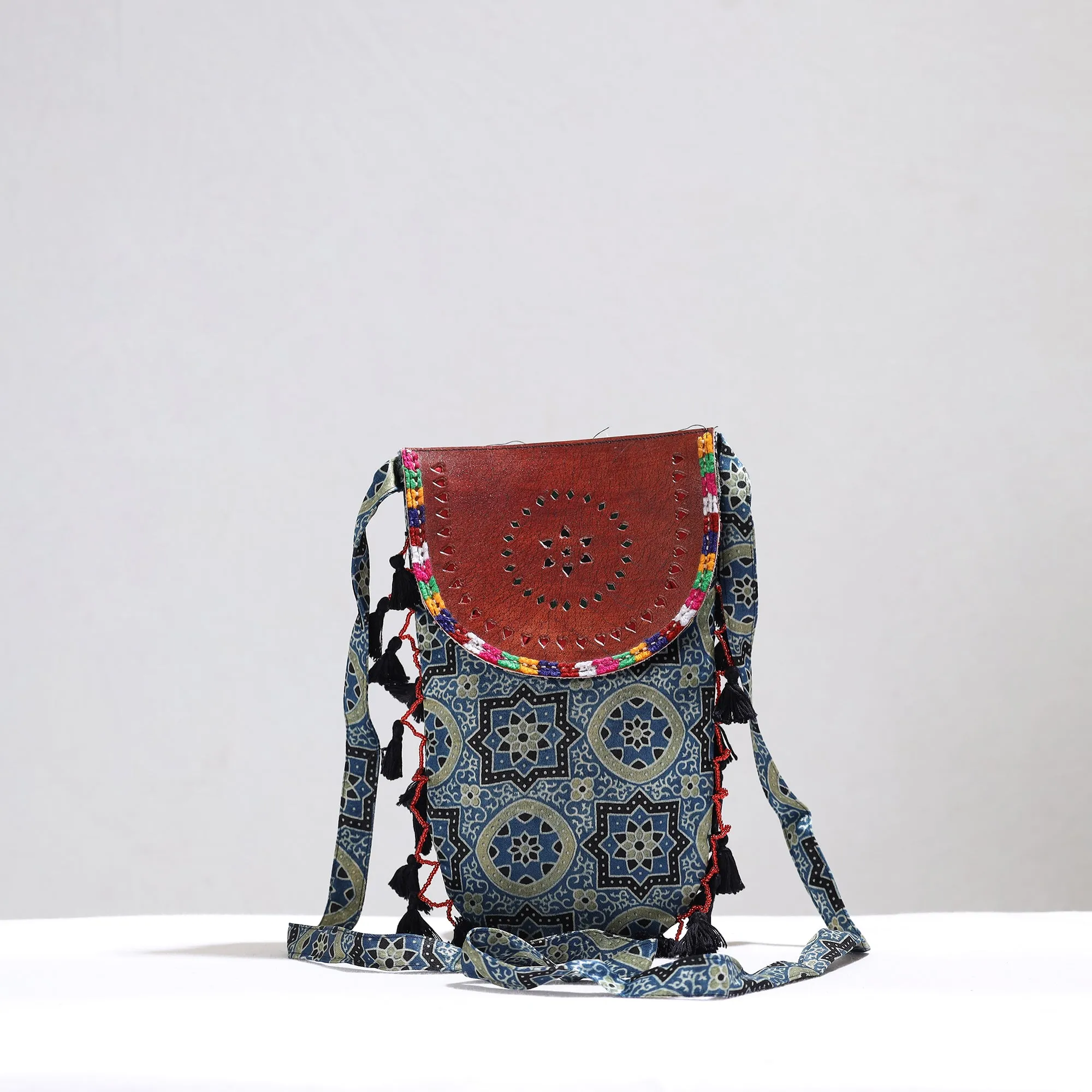 Blue - Kutch Leather & Mashru Silk Sling Bag with Tassels 23