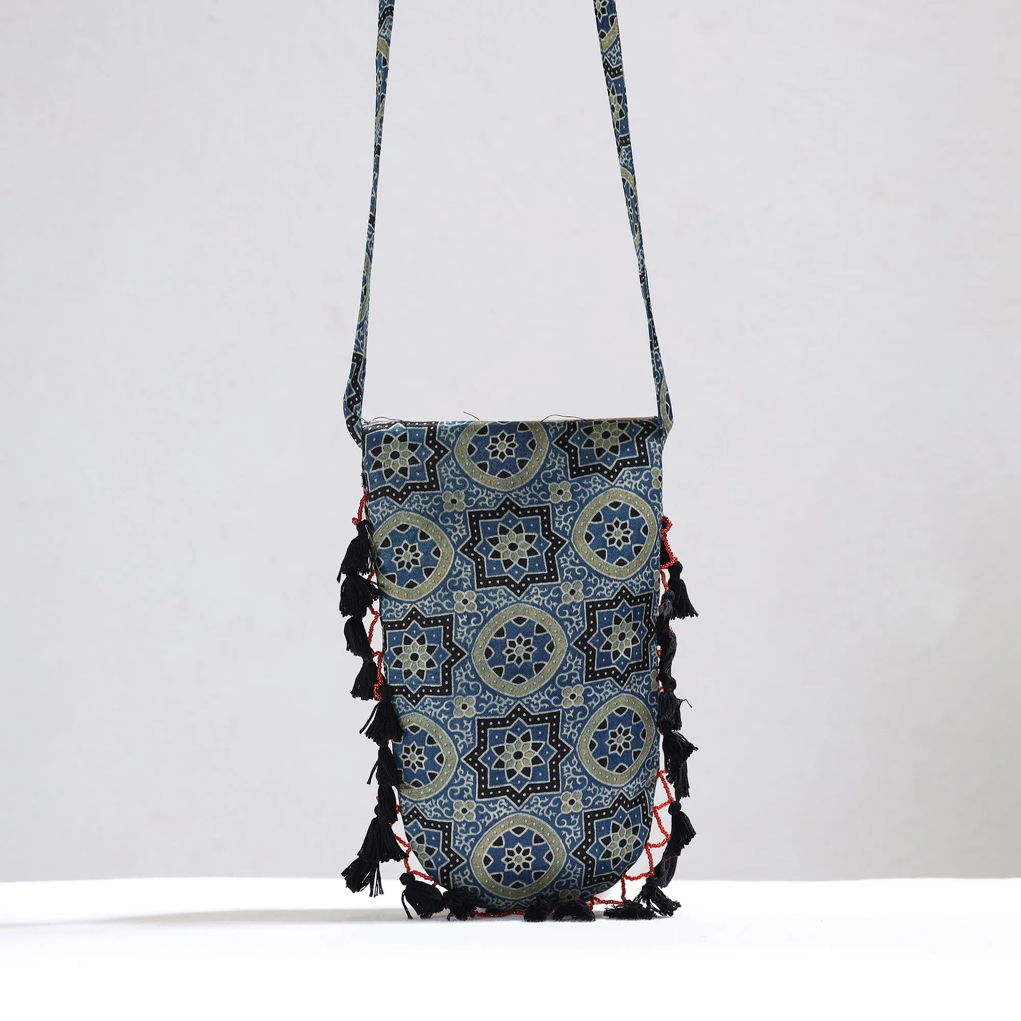 Blue - Kutch Leather & Mashru Silk Sling Bag with Tassels 23