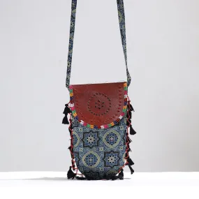 Blue - Kutch Leather & Mashru Silk Sling Bag with Tassels 23