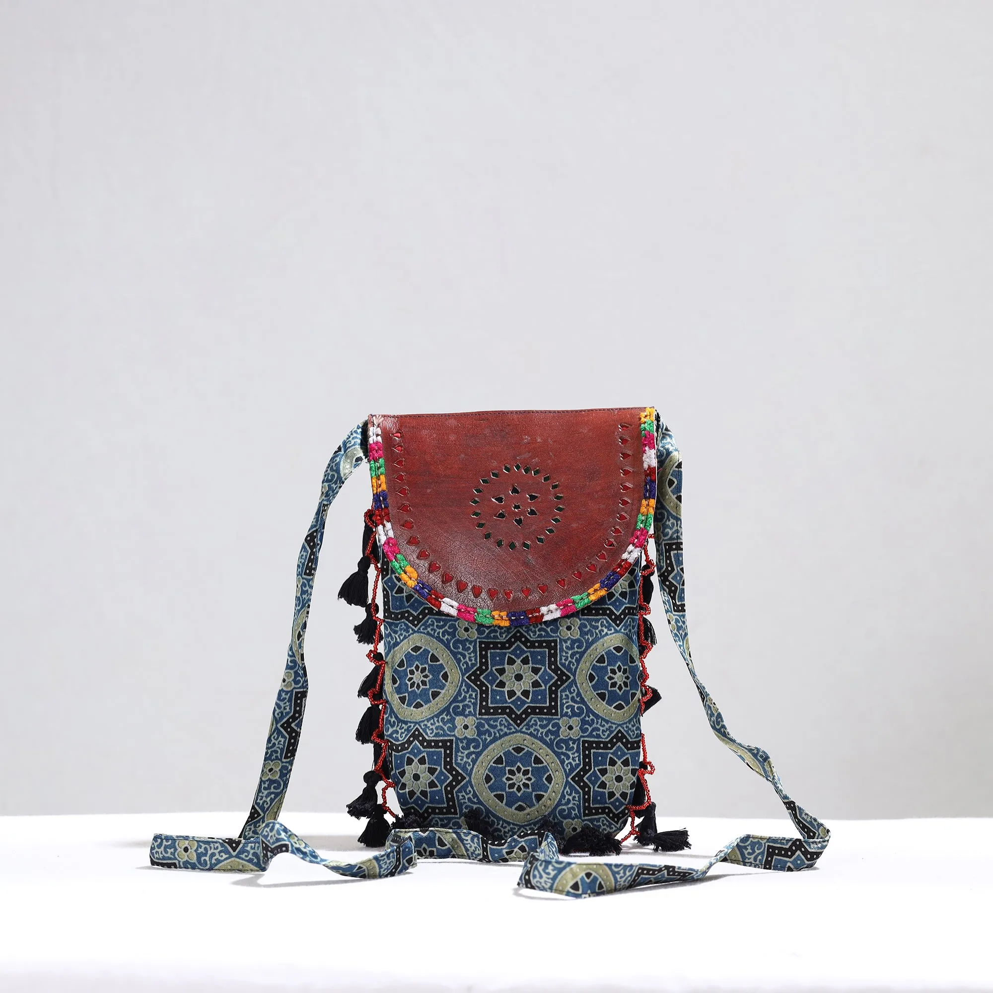 Blue - Kutch Leather & Mashru Silk Sling Bag with Tassels 34