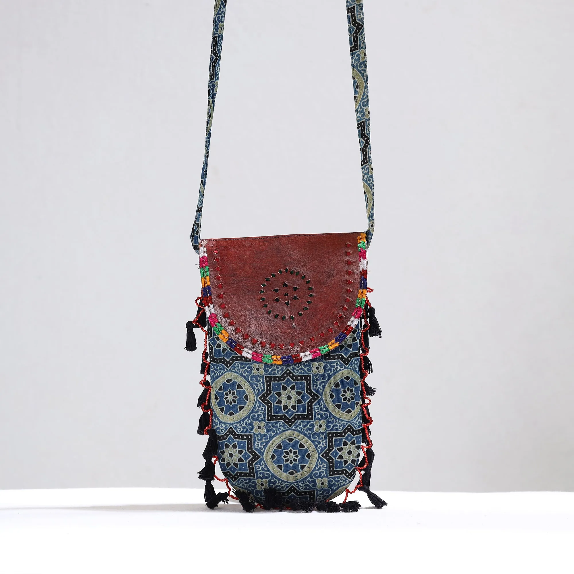 Blue - Kutch Leather & Mashru Silk Sling Bag with Tassels 34