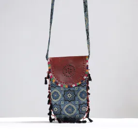 Blue - Kutch Leather & Mashru Silk Sling Bag with Tassels 34
