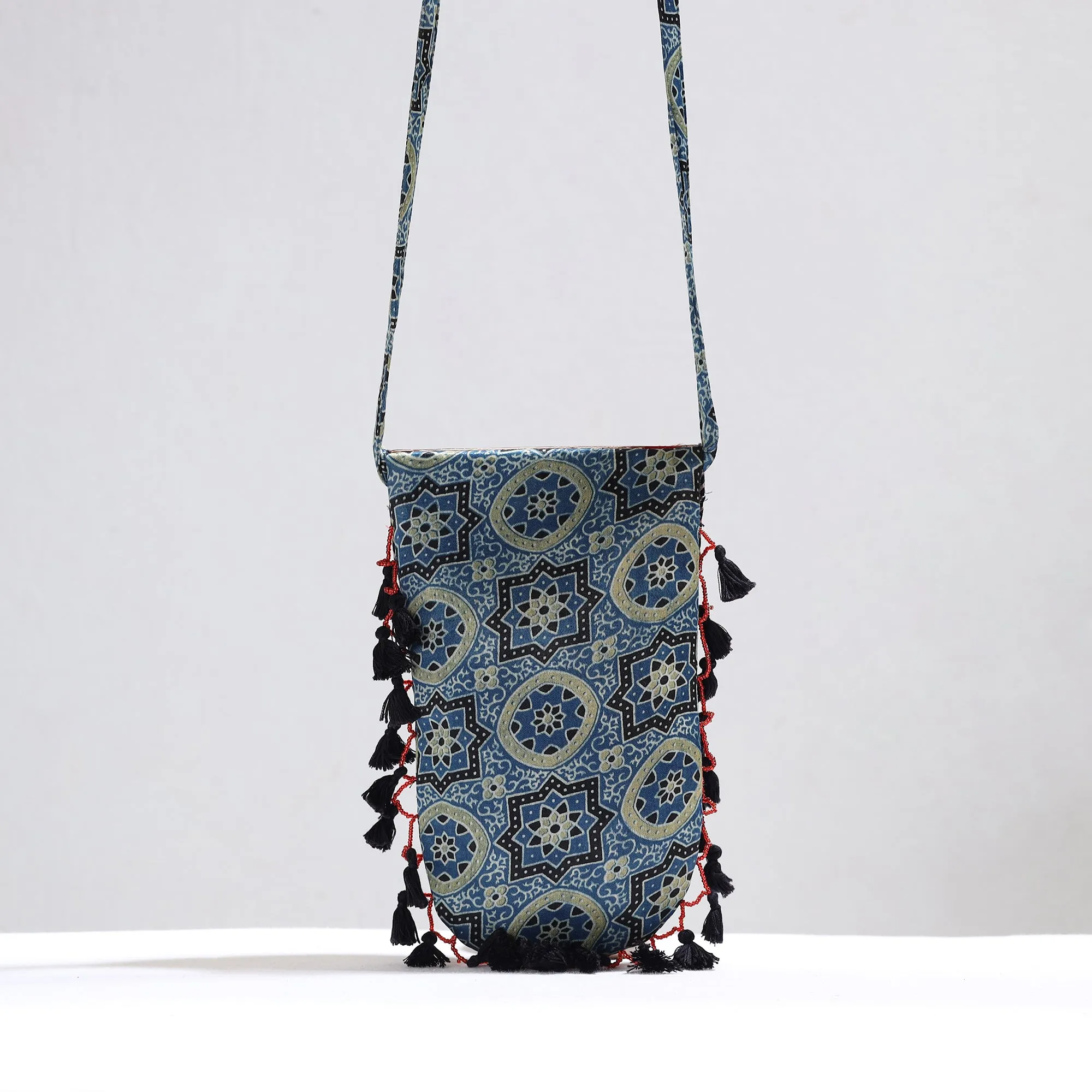 Blue - Kutch Leather & Mashru Silk Sling Bag with Tassels 34