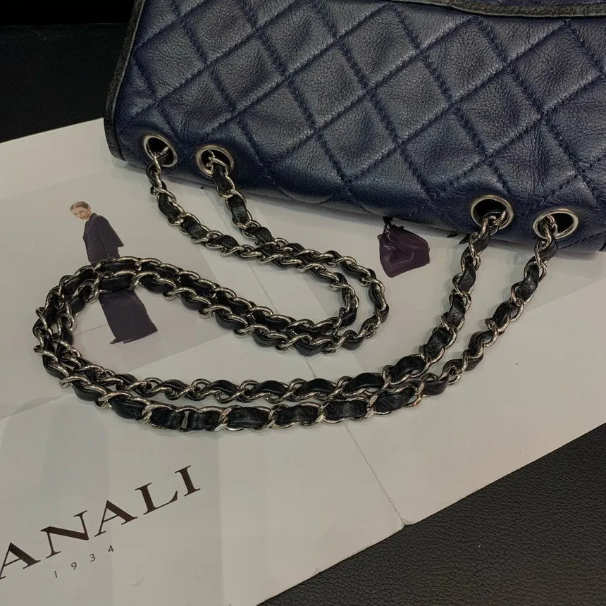 Chanel Blue Black Color Block CF Quilted Double Chain Crossbody Bag