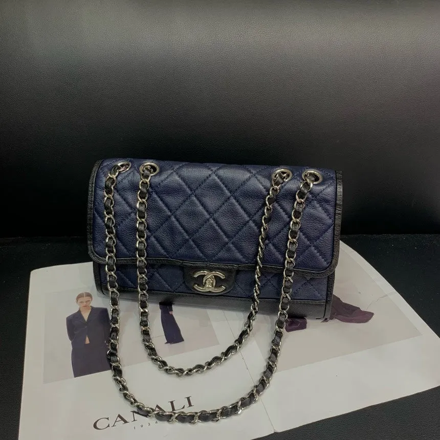 Chanel Blue Black Color Block CF Quilted Double Chain Crossbody Bag