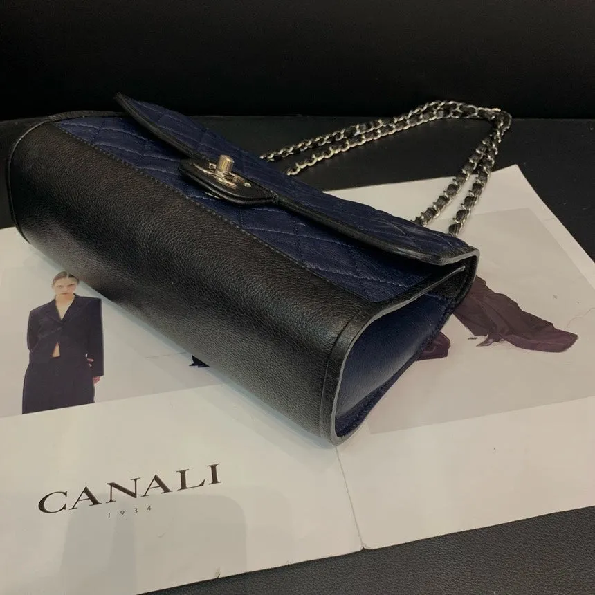Chanel Blue Black Color Block CF Quilted Double Chain Crossbody Bag