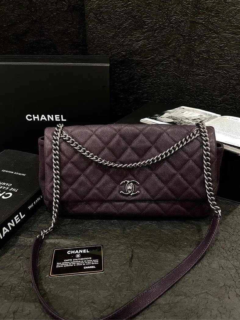 Chanel Purple Caviar Silver Buckle Airport Crossbody Bag With Card