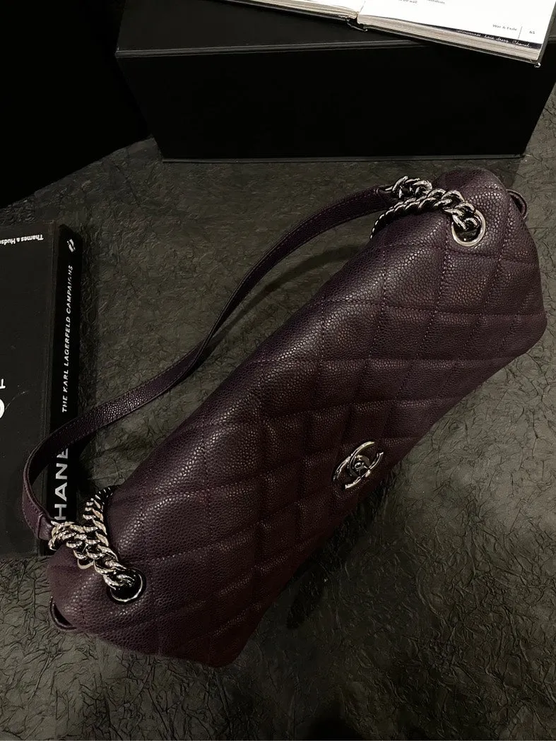 Chanel Purple Caviar Silver Buckle Airport Crossbody Bag With Card