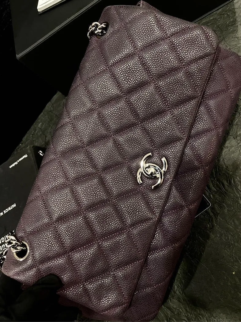 Chanel Purple Caviar Silver Buckle Airport Crossbody Bag With Card