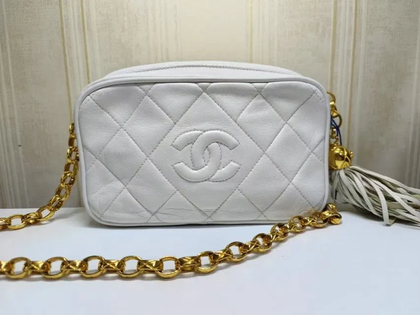Chanel White Leather Quilted Camera Bag Medium Size