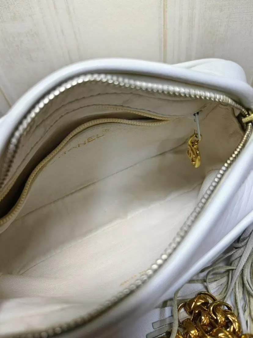 Chanel White Leather Quilted Camera Bag Medium Size