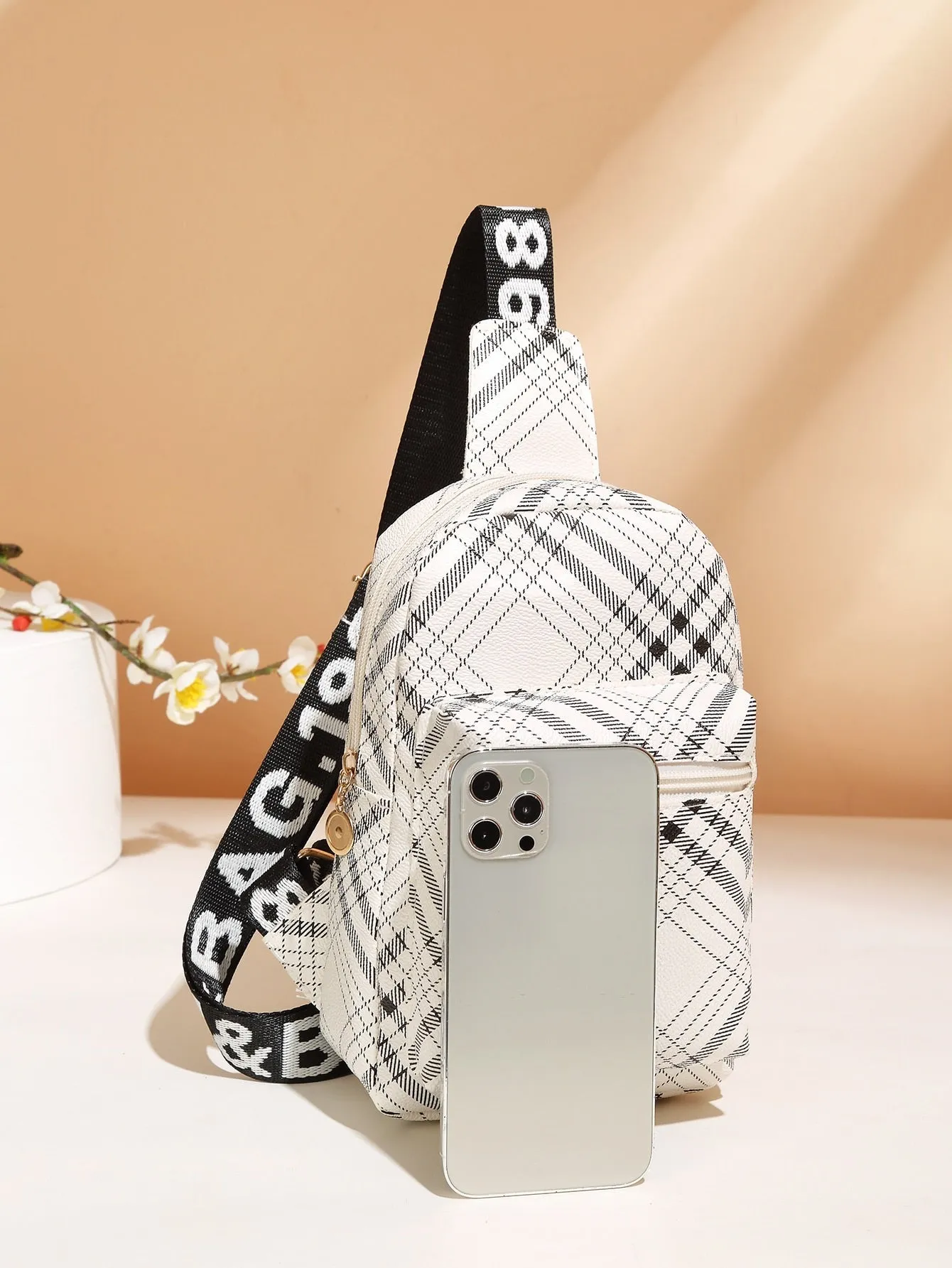 Plaid Pattern Pocket Front Sling Bag