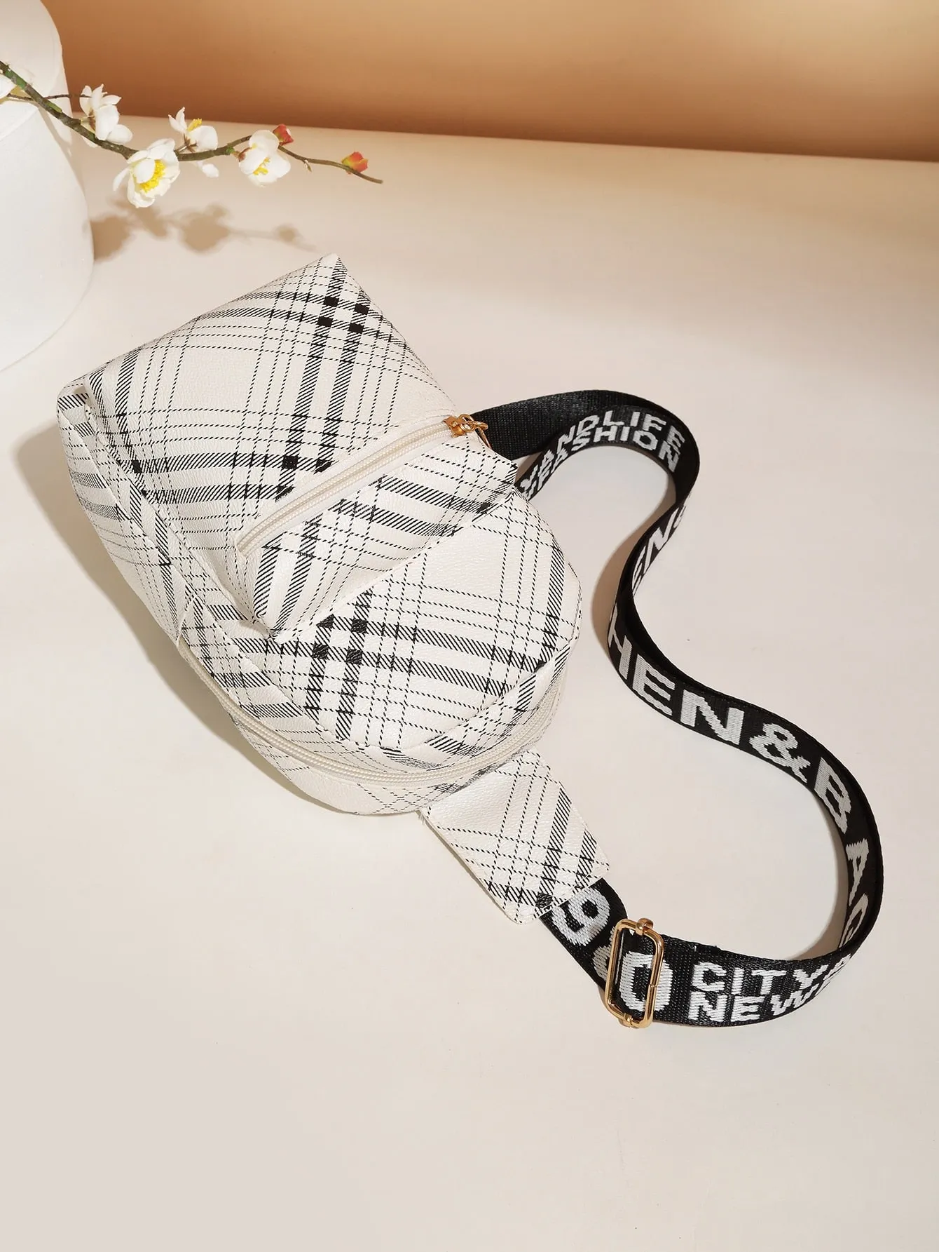 Plaid Pattern Pocket Front Sling Bag