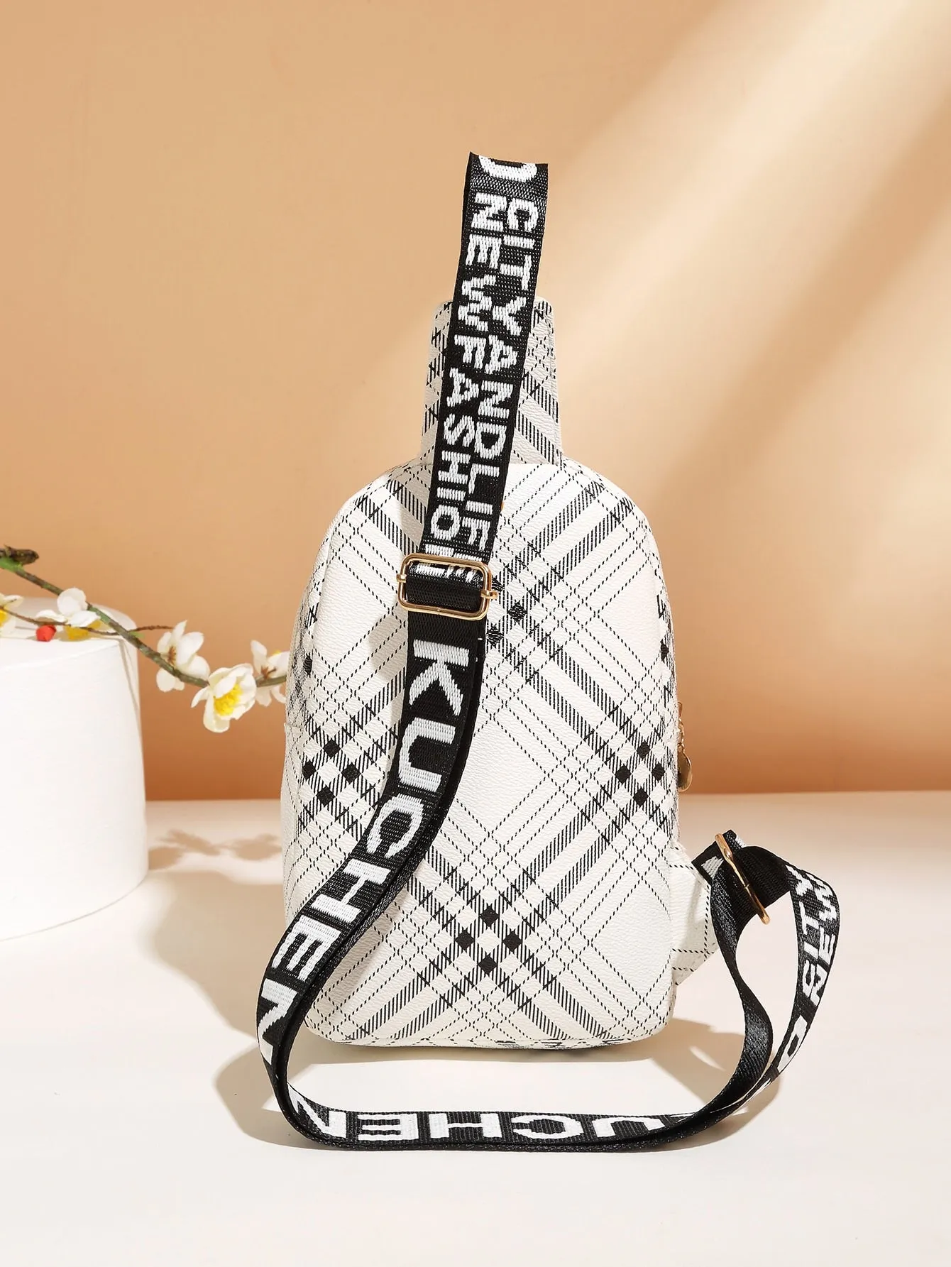 Plaid Pattern Pocket Front Sling Bag