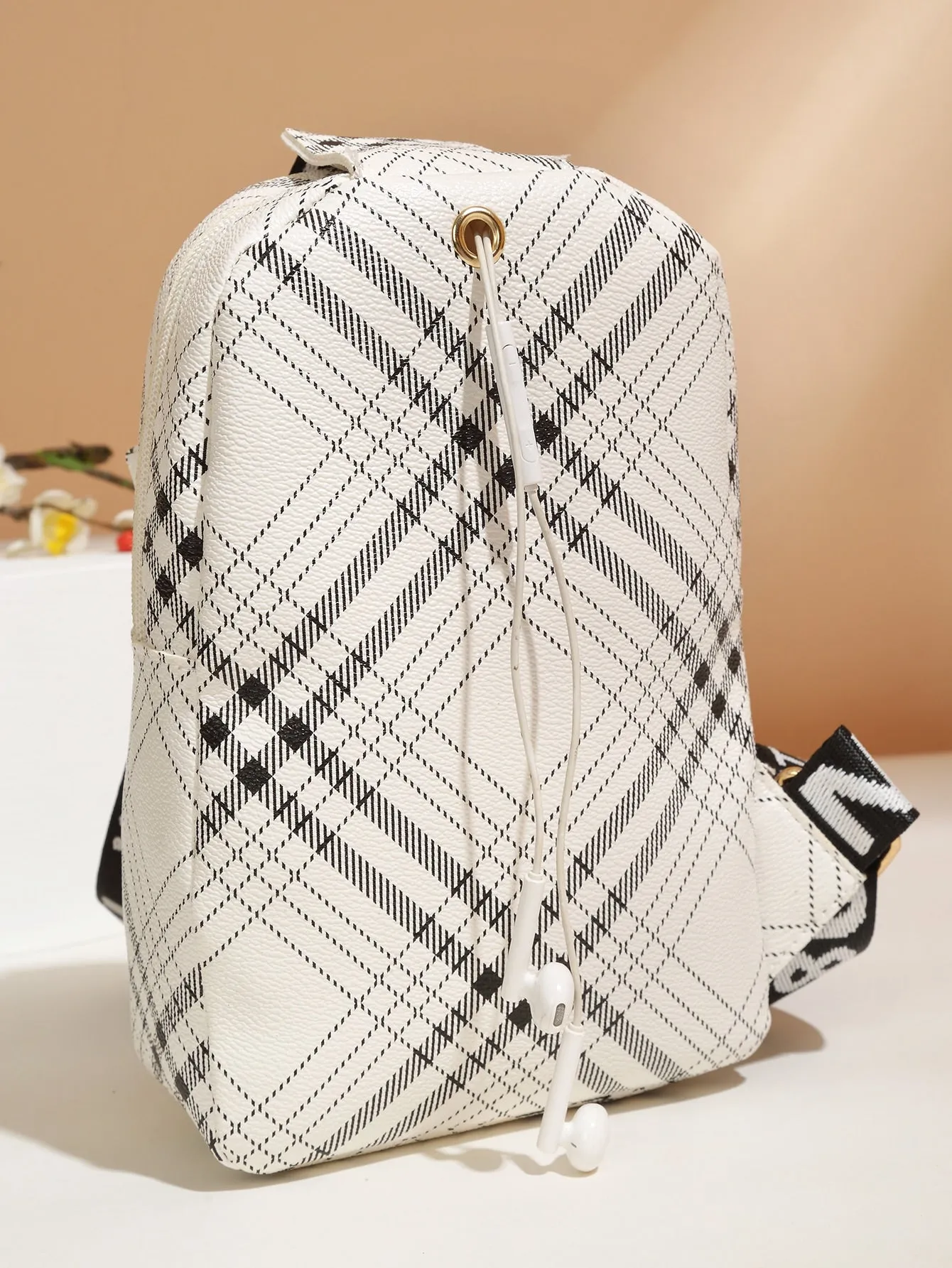 Plaid Pattern Pocket Front Sling Bag