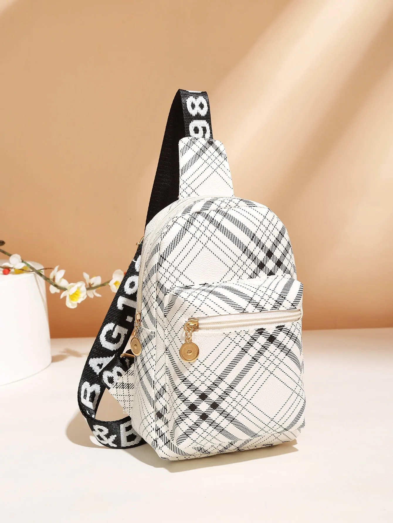 Plaid Pattern Pocket Front Sling Bag