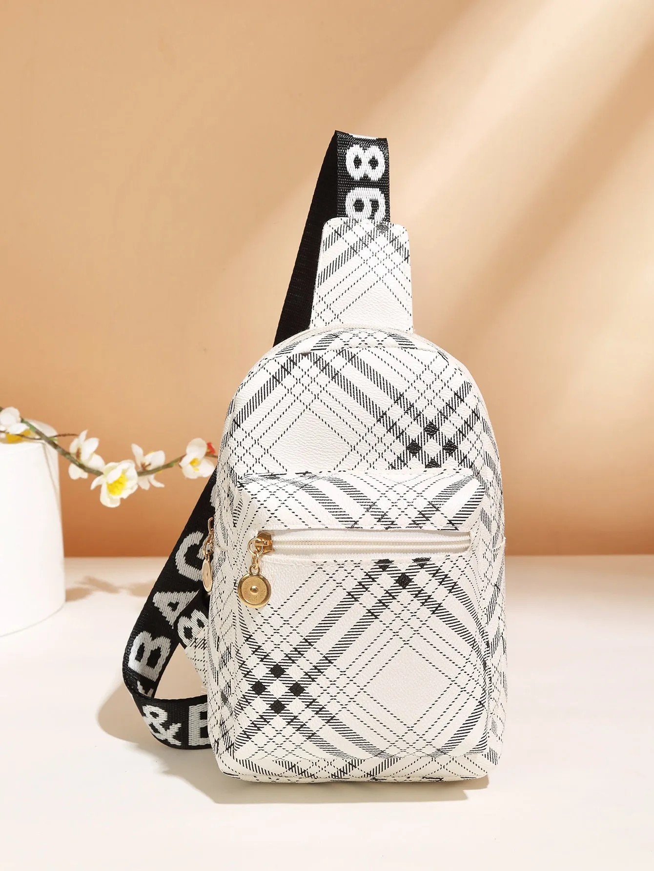 Plaid Pattern Pocket Front Sling Bag