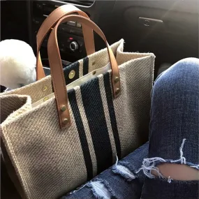 Simple Canvas Stripe Decor Bucket Handbags Women Top Handle Tote Bag Large Capacity Casual Shoulder Crossbody Bags