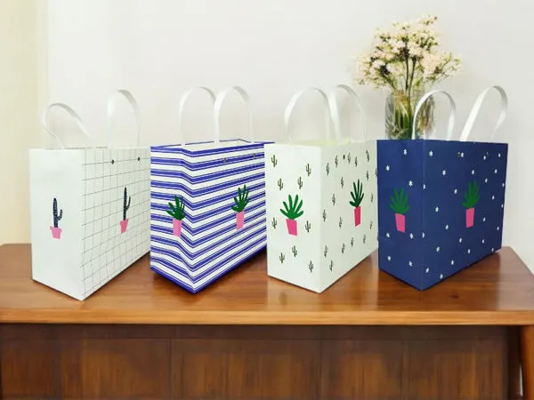 Stylish Cactus Themed Gift Bags - Set Of 4