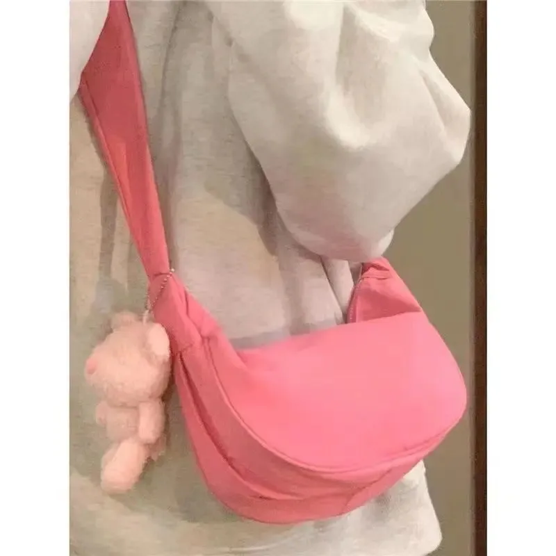 UAKISS  -   Pink Womens Shoulder Bag Solid Colour Sweet Fsahion Korean Crossbody Bags Simplicity Casual Versatile Zips Ladies Bag